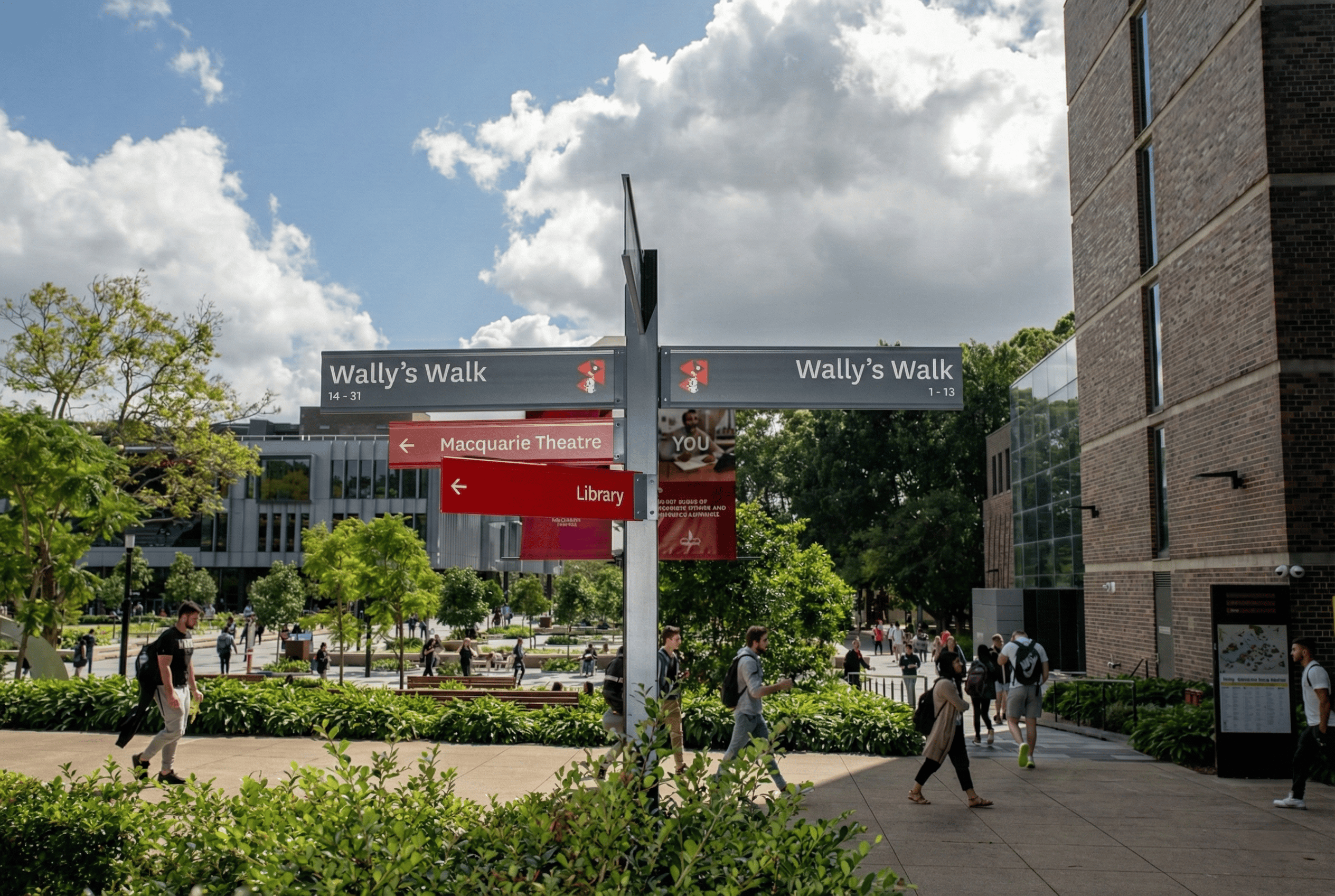 Macquarie University campus signpost at Wally’s Walk